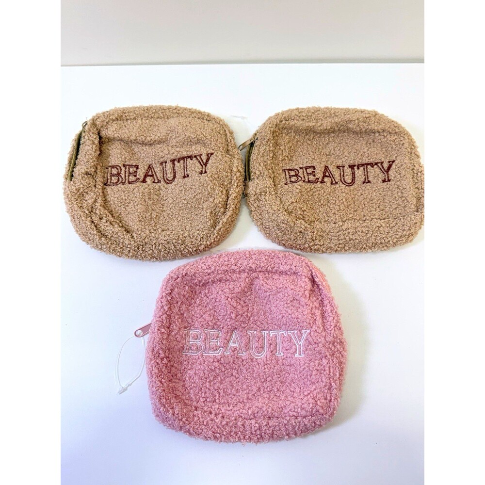 3 Pack Sherpa Makeup Bag Set Pink & Beige Zipper Pouch "BEAUTY" 7x7 in